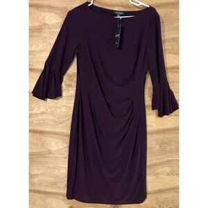 NWT Lauren Ralph Lauren Ruched purple Sheath Dress SZ 10 3/4 Bell Sleeve $130